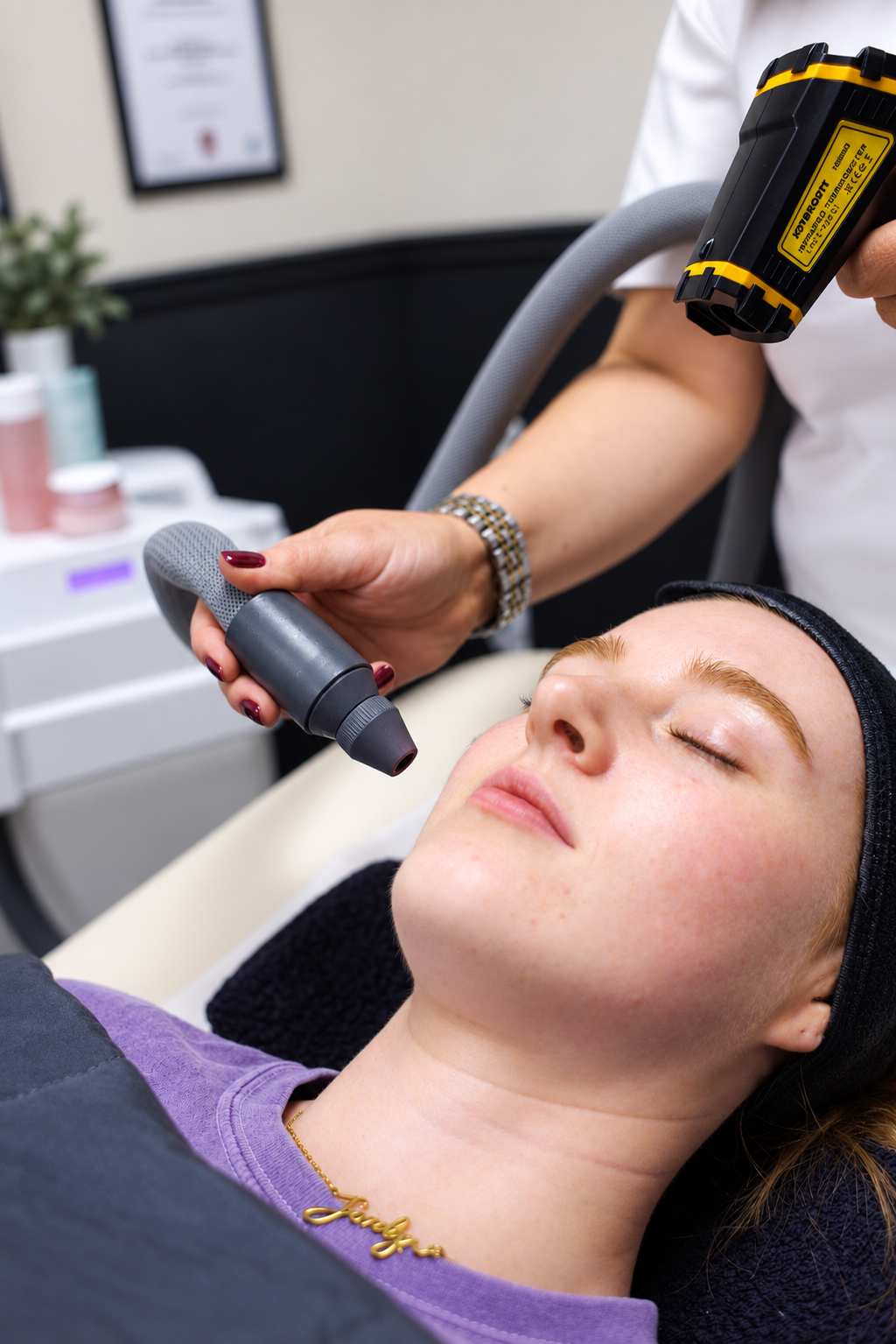 A client receiving a cooling cryotherapy facial treatment with eyes closed